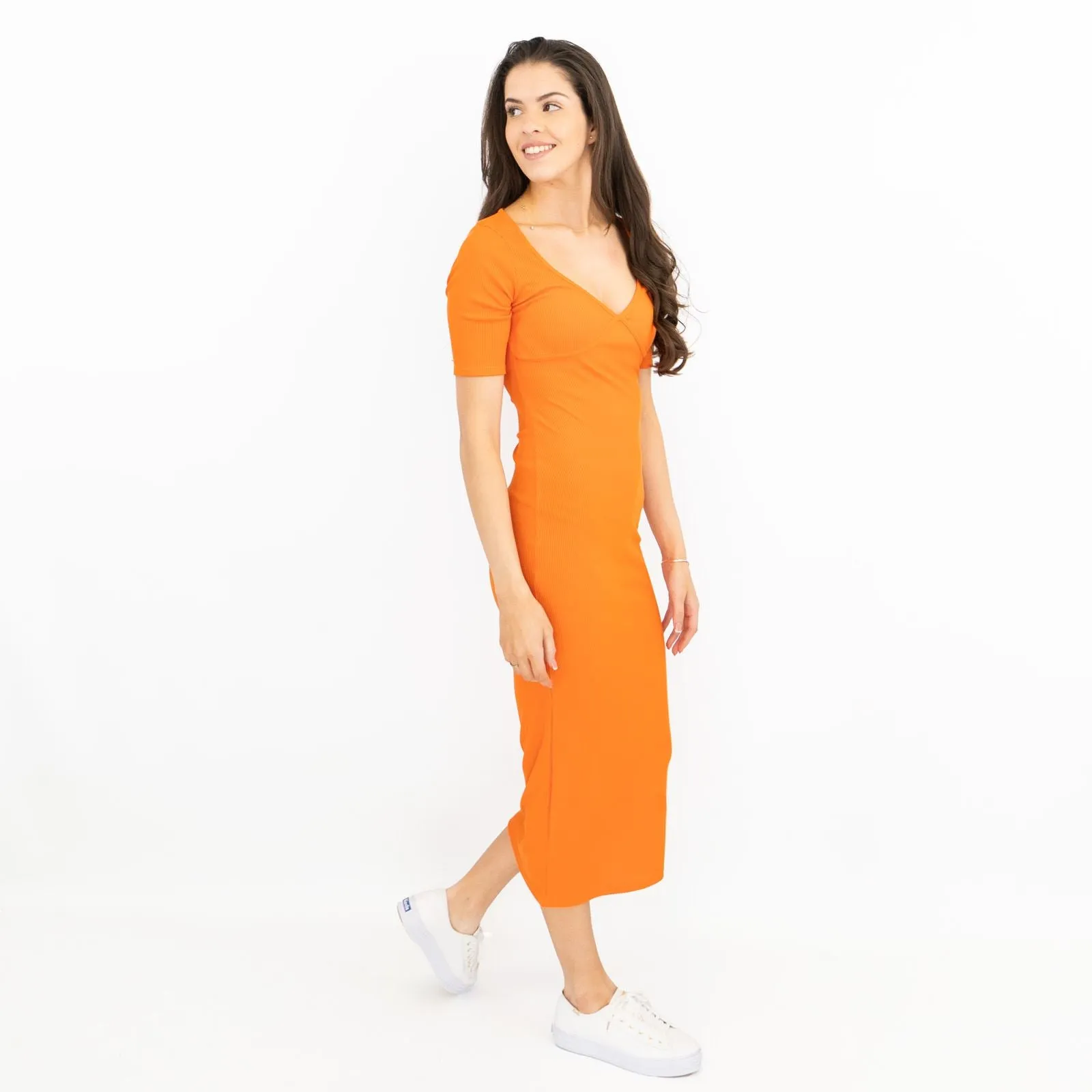 Karen Millen Orange Ribbed Short Sleeve V-Neck Stretchy Bodycon Midi Dresses