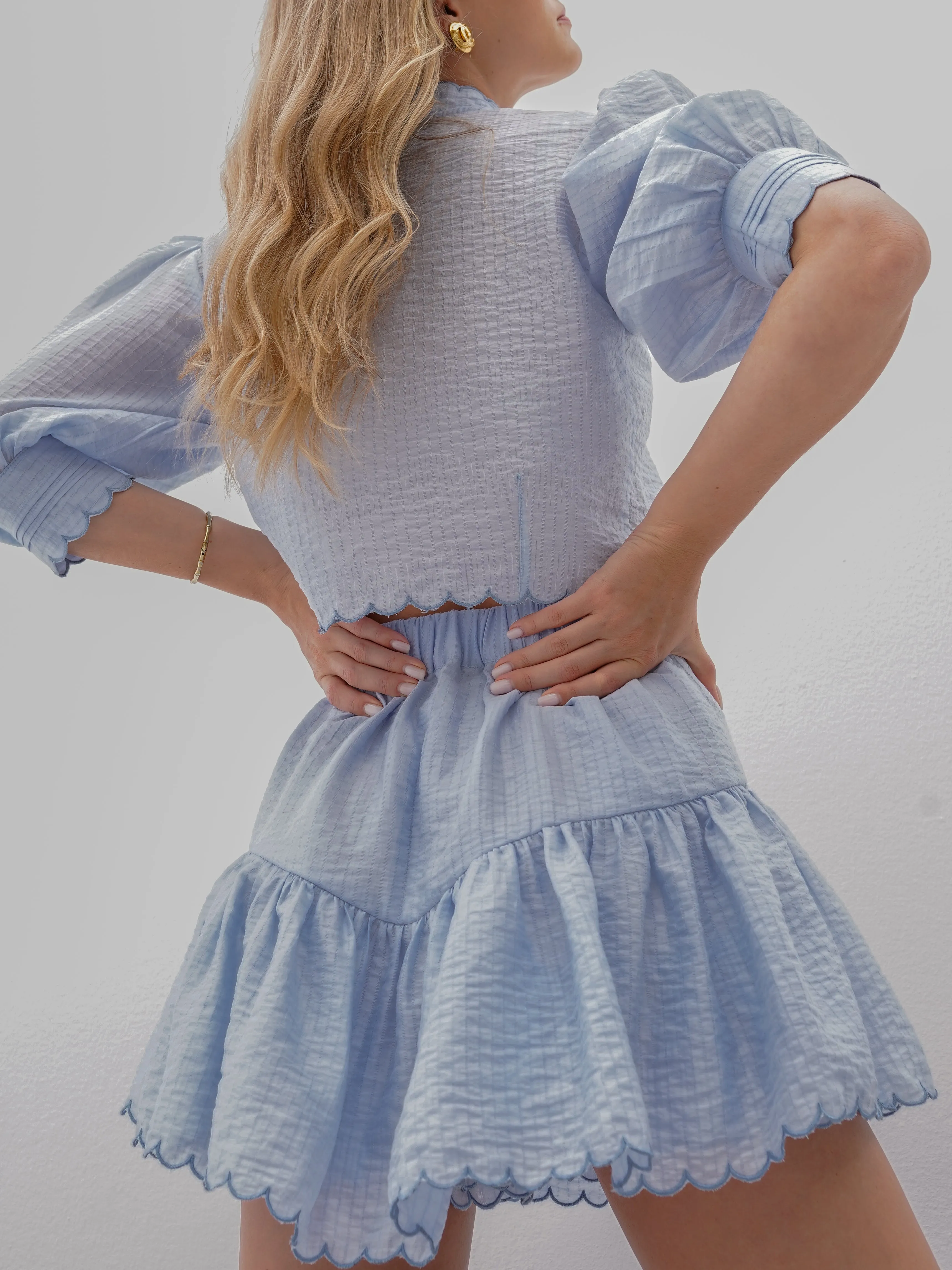 Kelsy Scalloped Textured Frill Skort | Sky Blue