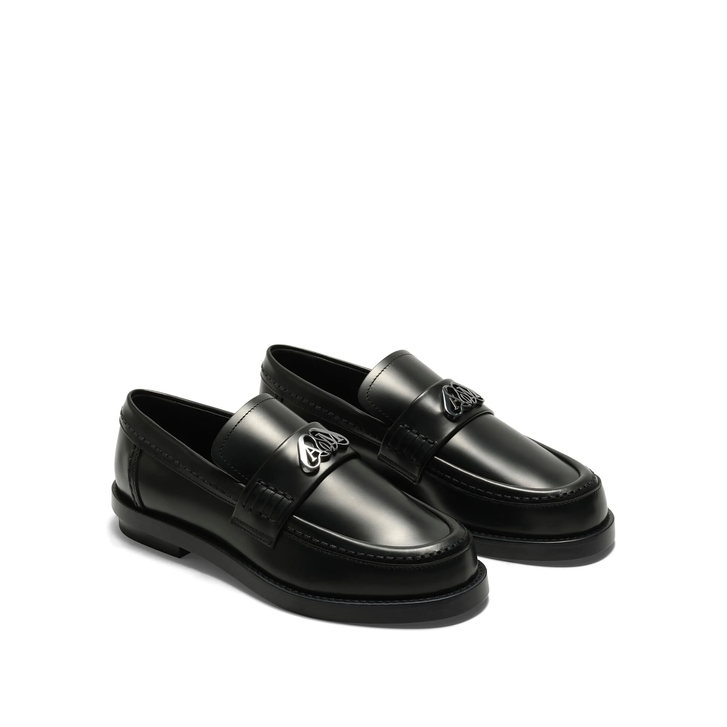 Logo Lux Leather Loafer in Black/Silver