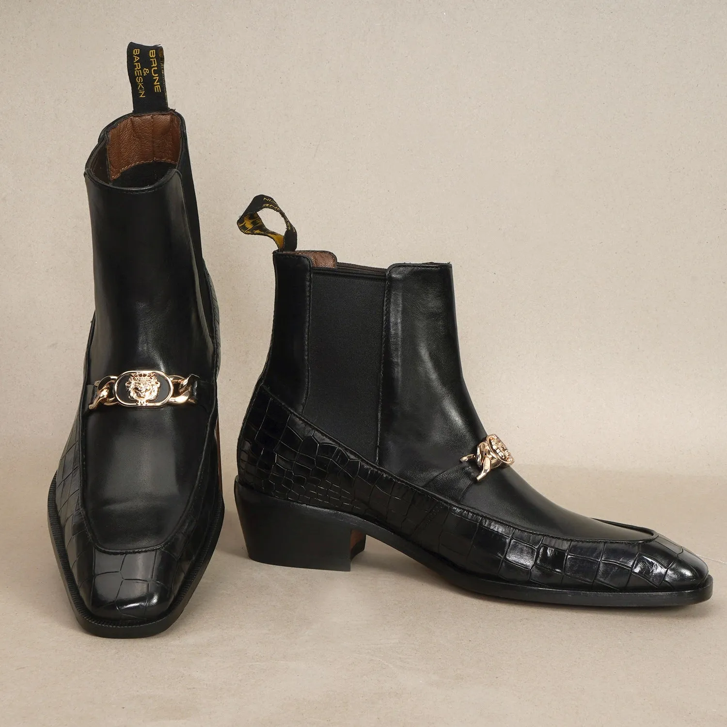 Luxury Black Croco and Plain Leather Cuban Heel Boots with Metal Chain Logo