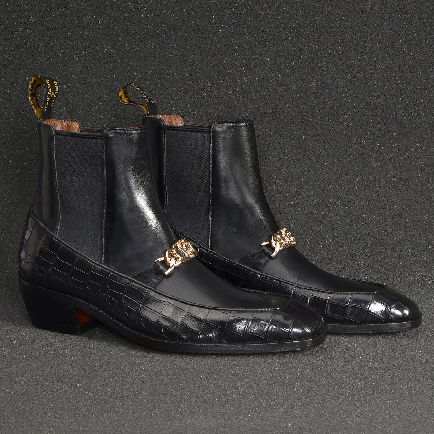 Luxury Black Croco and Plain Leather Cuban Heel Boots with Metal Chain Logo