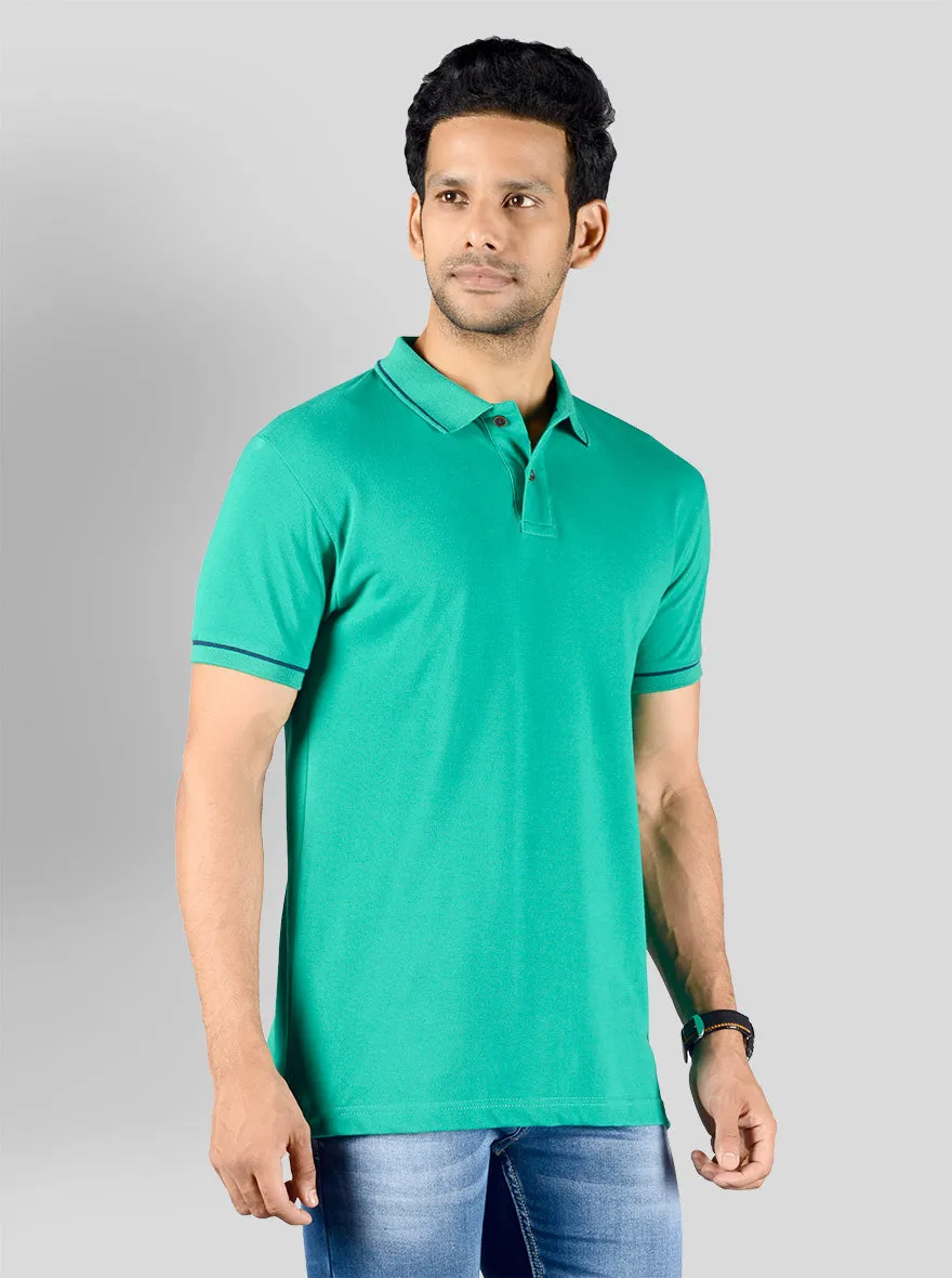 Marine Green Solid Slim Fit Polo T-shirt | Greenfibre