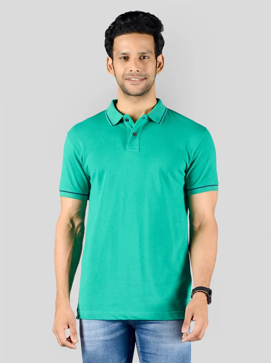 Marine Green Solid Slim Fit Polo T-shirt | Greenfibre