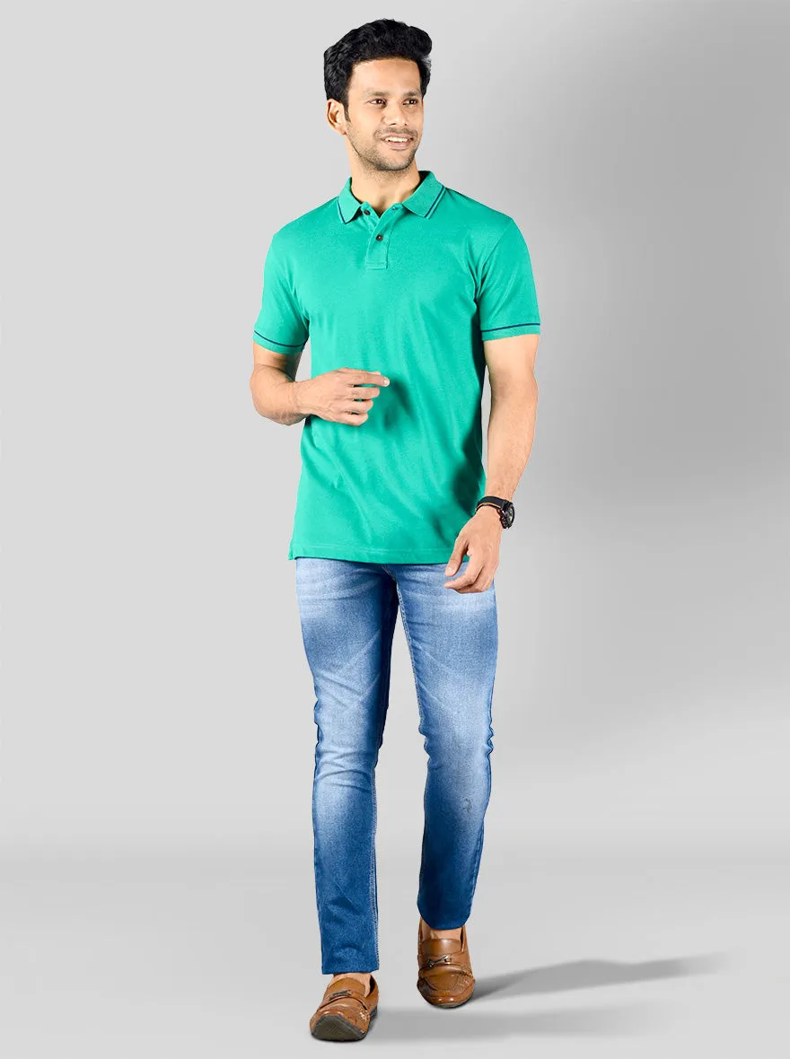 Marine Green Solid Slim Fit Polo T-shirt | Greenfibre