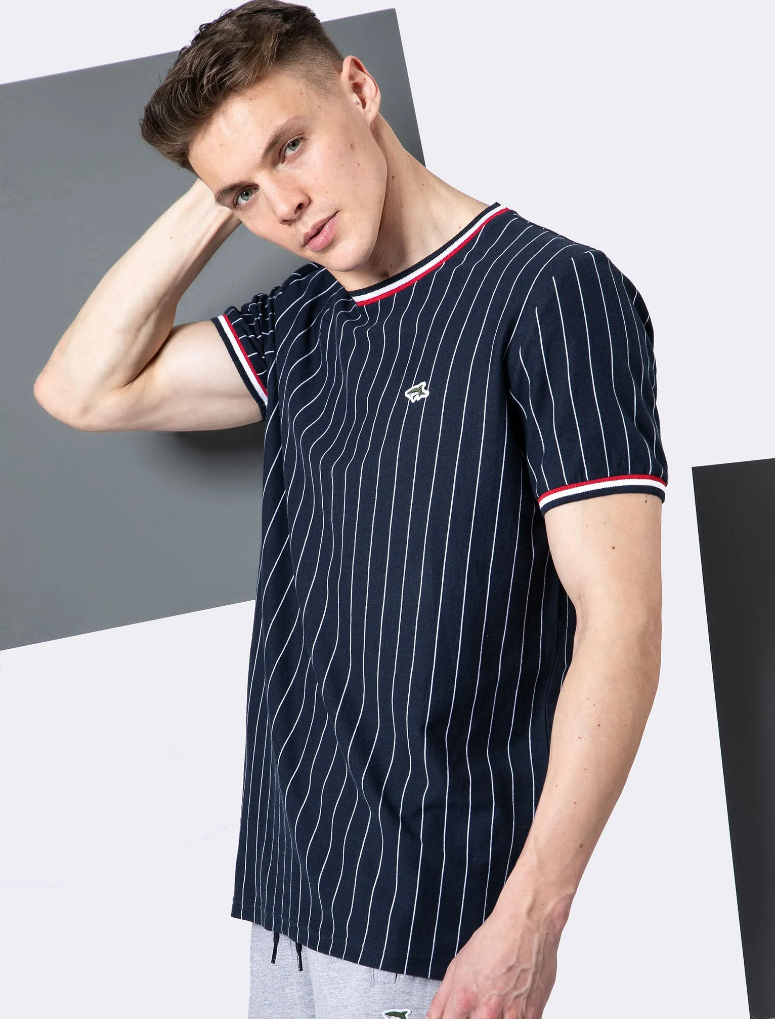 Montague Pinstripe Cotton Jersey T-Shirt with Ribbed Tipping in Sky Captain Navy - Le Shark