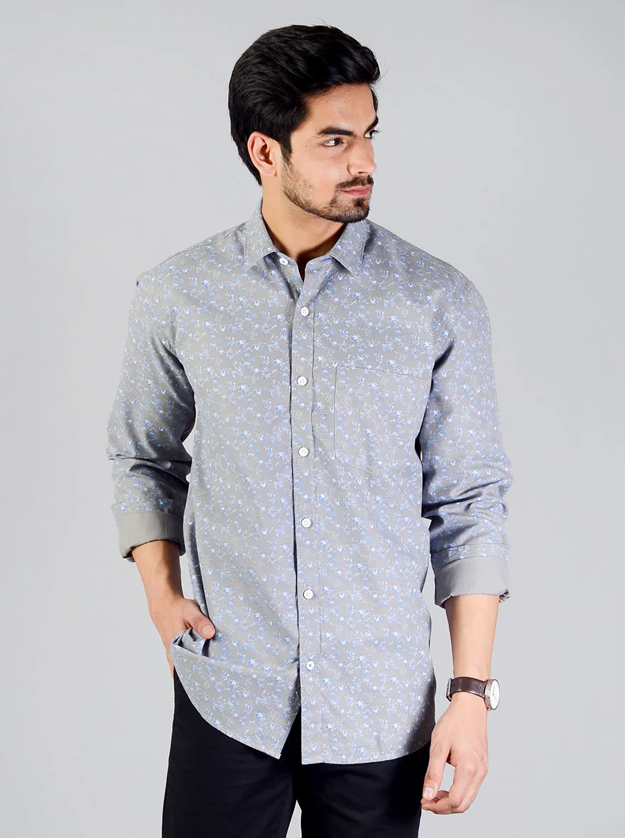 Neutral Grey Printed Slim Fit Casual Shirt | JadeBlue