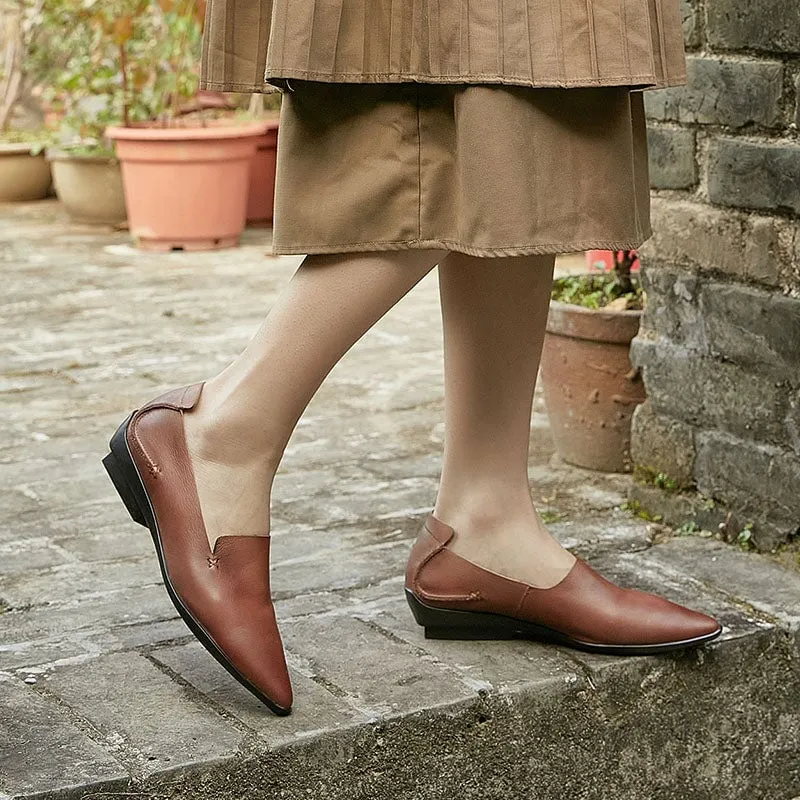 Original Handmade Soft Leather Pointed Toe Flats in Coffee/Grey