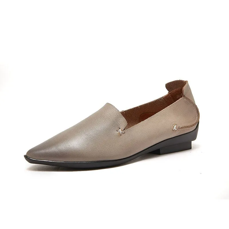 Original Handmade Soft Leather Pointed Toe Flats in Coffee/Grey