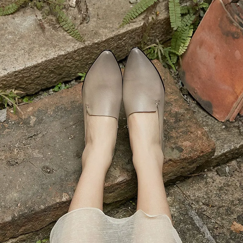 Original Handmade Soft Leather Pointed Toe Flats in Coffee/Grey