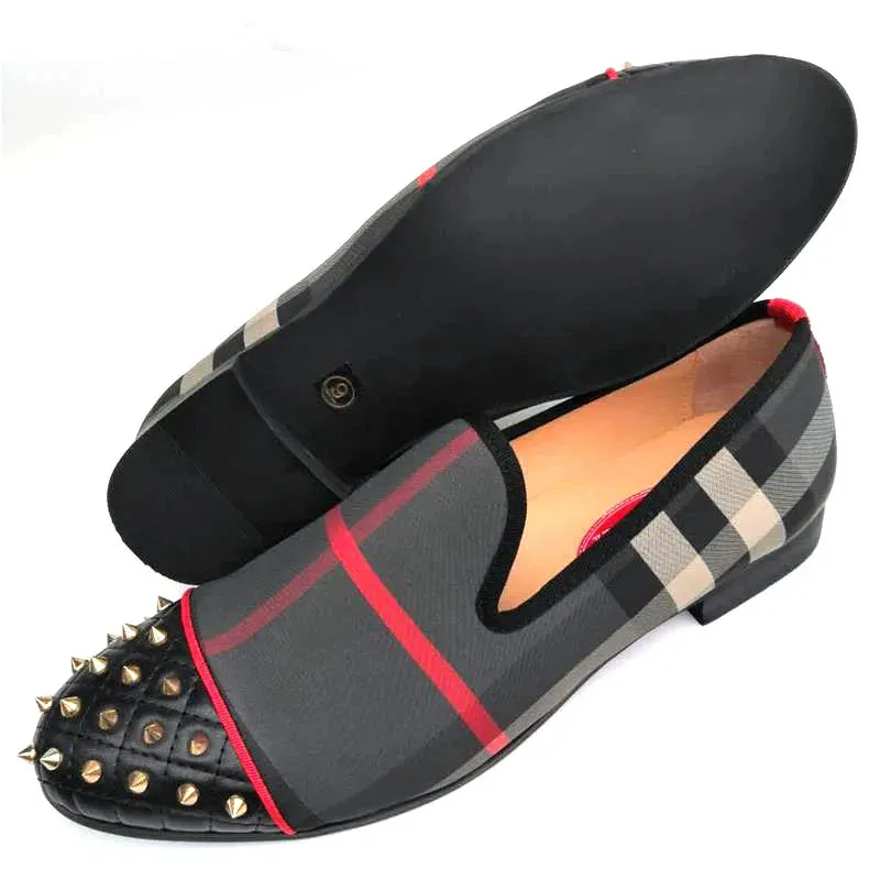 Plaid Pattern Rivet Design Loafers