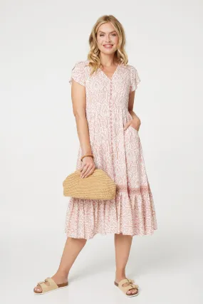 Printed Cap Sleeve Lace Trim Maxi Dress