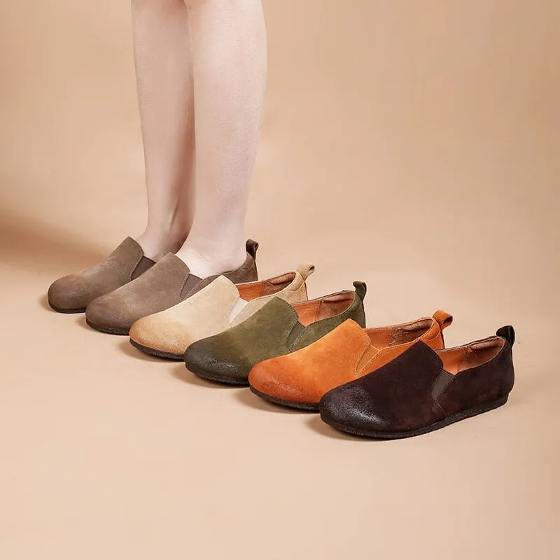 Retro Suede Leather Loafers for Women Lazy Feeling in Green/Khaki/Coffee/Brown/Apricot