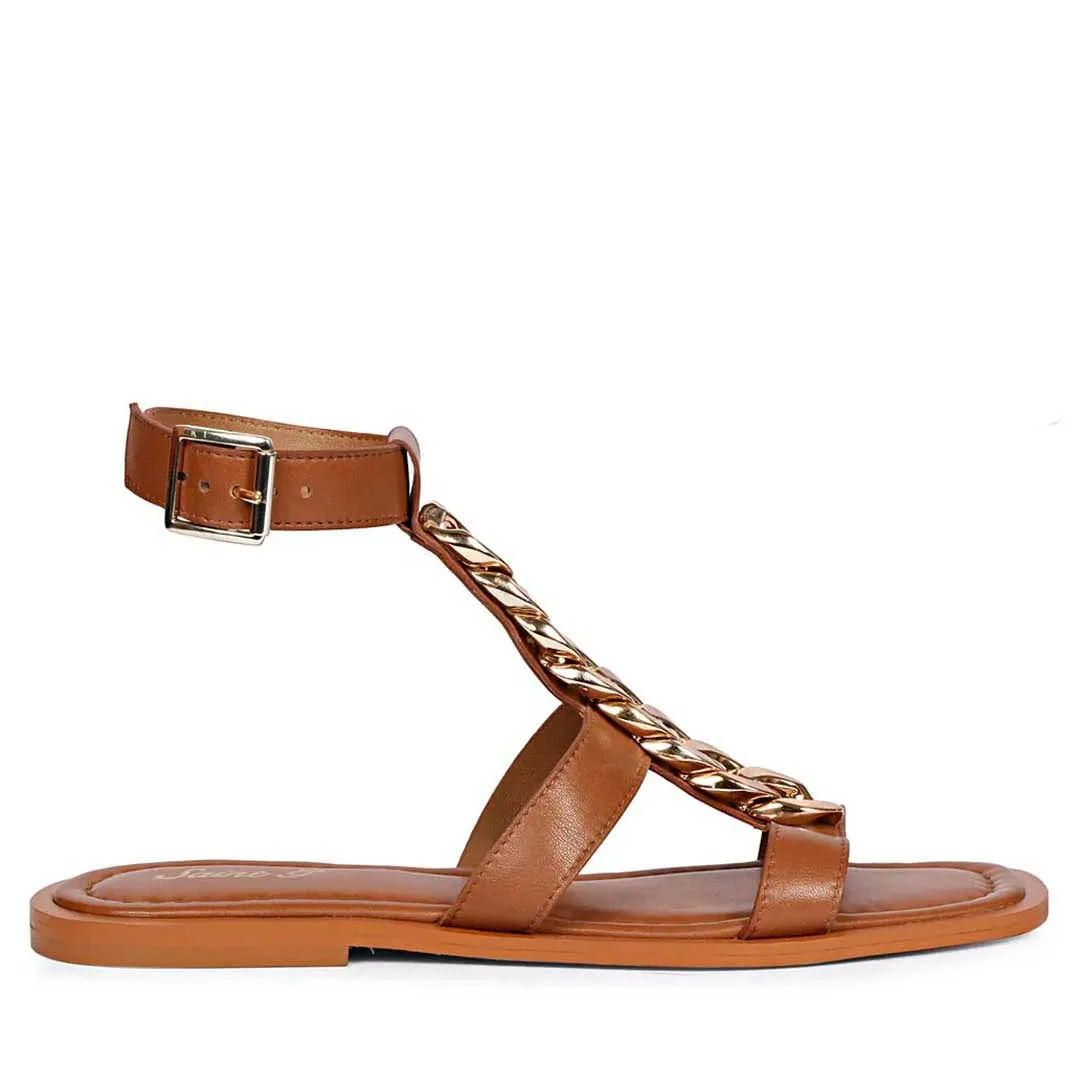 Saint Genesis Golden Chain Decor Brown Leather Sandals