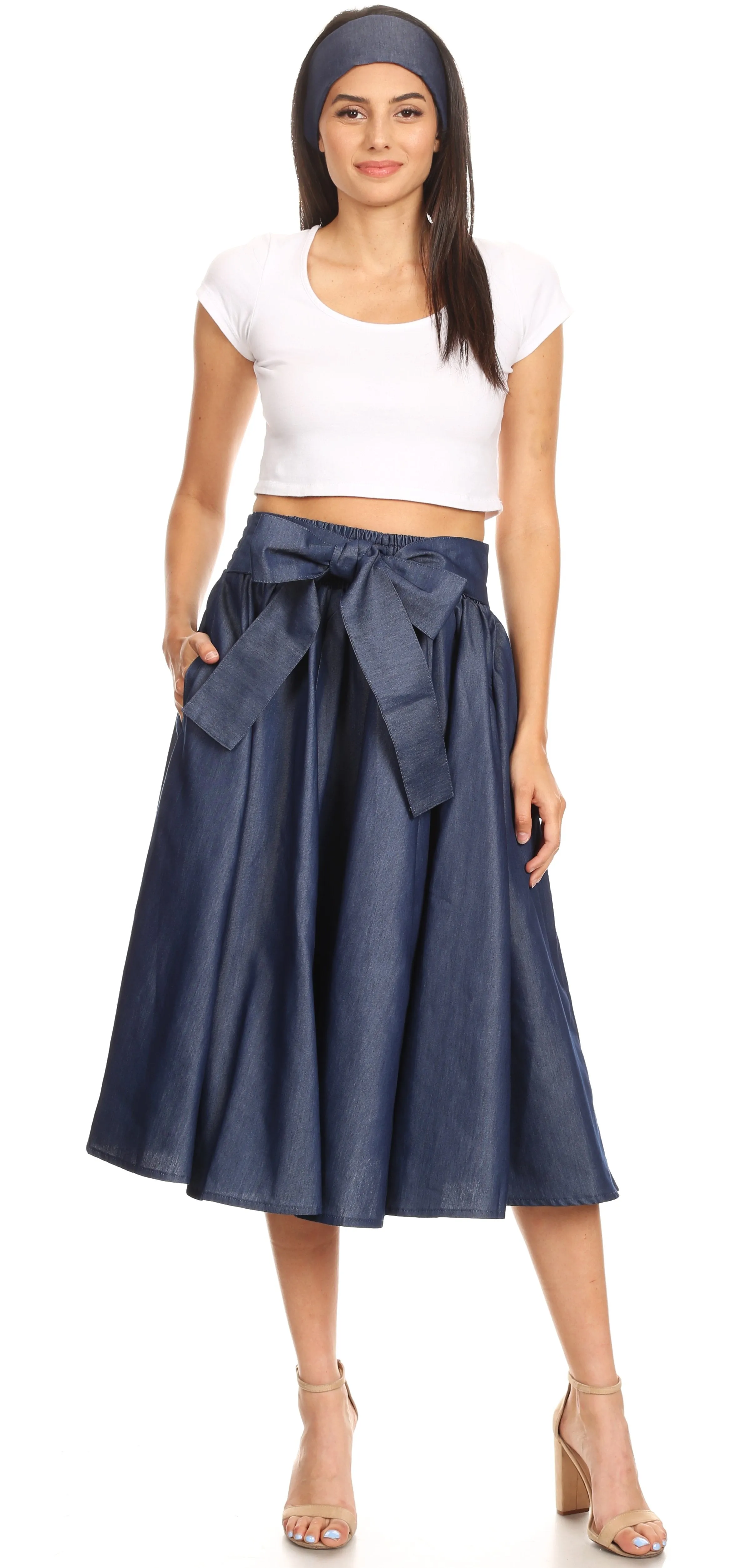 Sakkas Atieno Flared Circle Chambray  Boho Mid Skirt with Elastic Waist