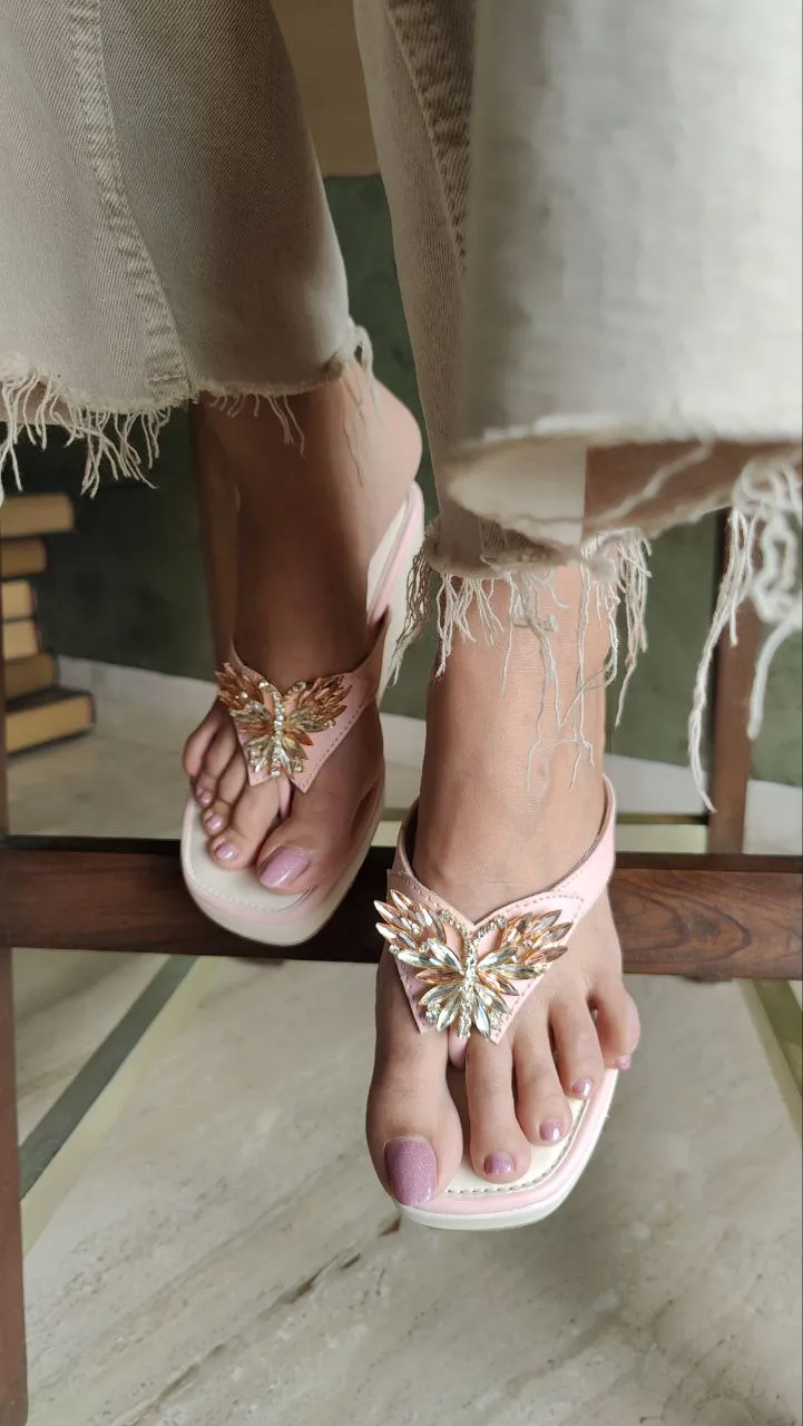 Salmon Pink Butterfly Jewelled Wedges