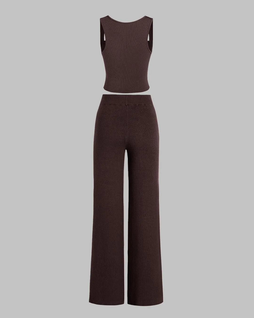 Set Of Two Ruched Square Neck Crop Top With Trouser In Dark Brown