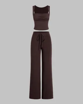 Set Of Two Ruched Square Neck Crop Top With Trouser In Dark Brown