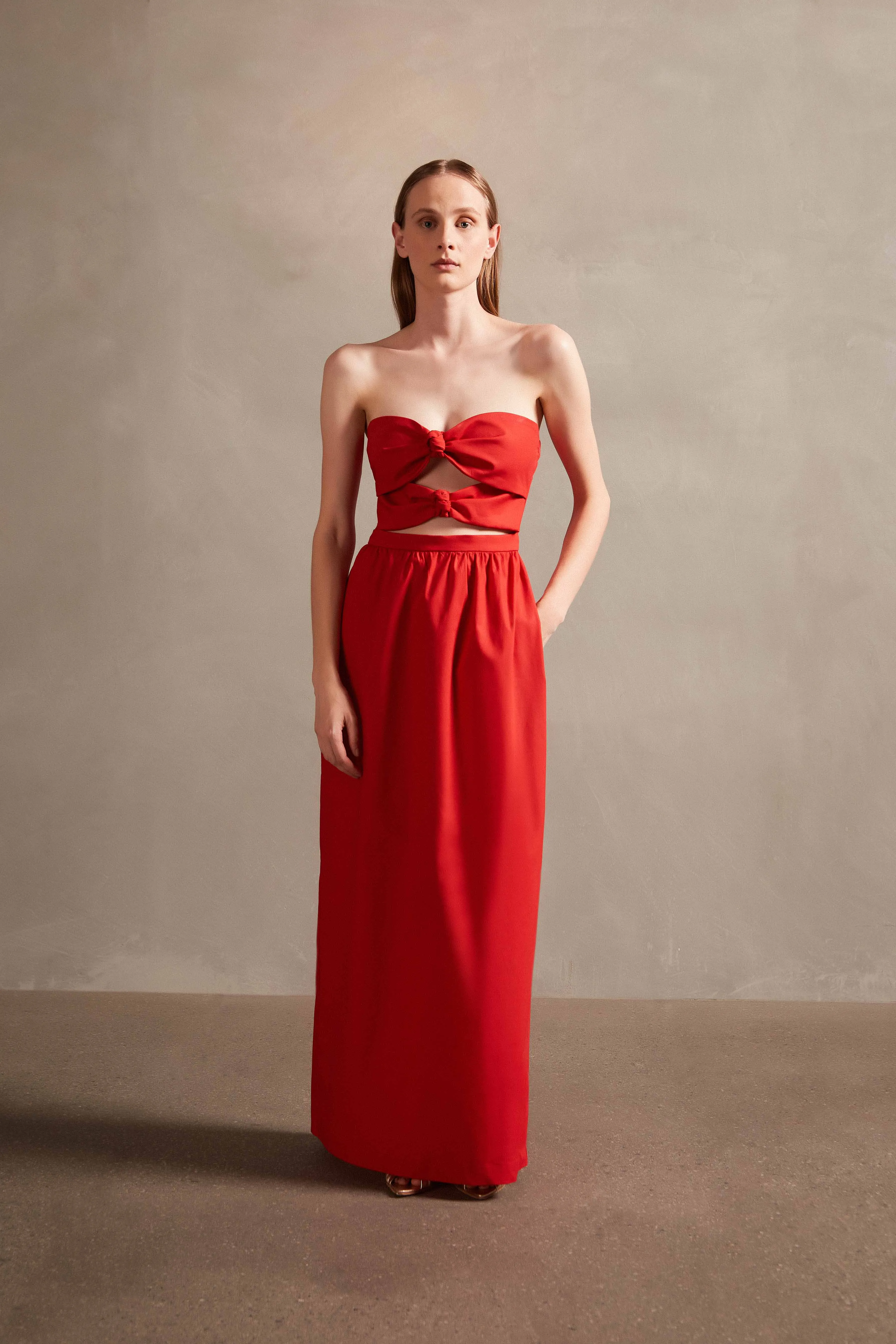 Solid Strapless Double-Knot Long Dress