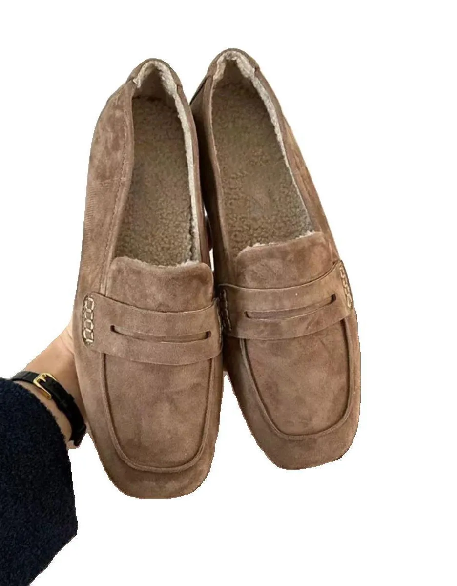 Square Head Fur Liner Suede British Loafers for Winter