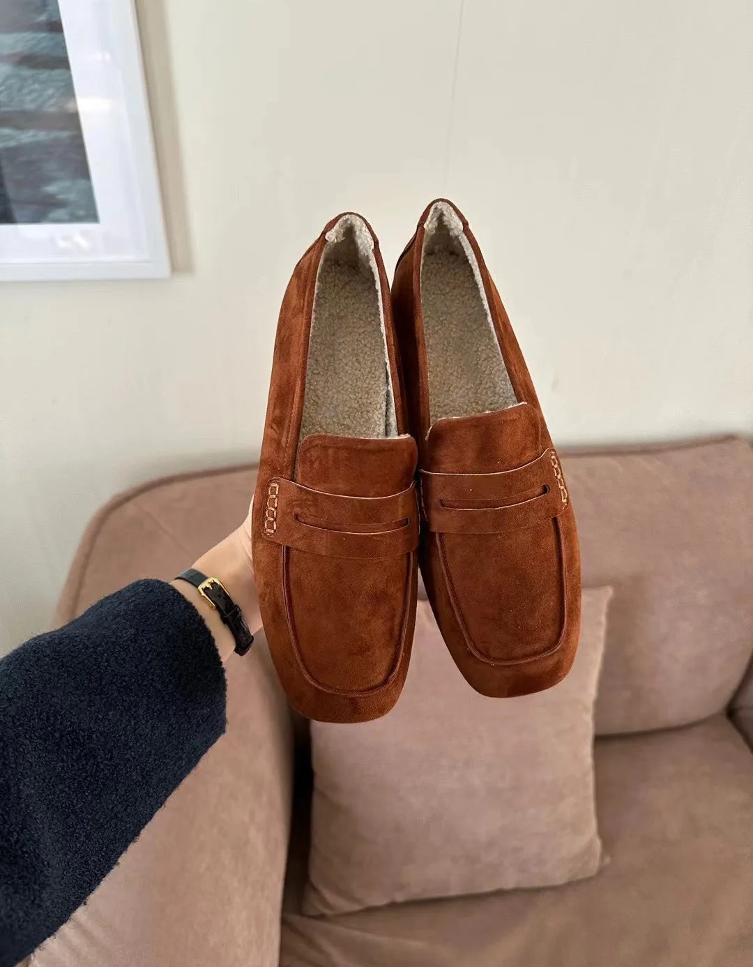 Square Head Fur Liner Suede British Loafers for Winter