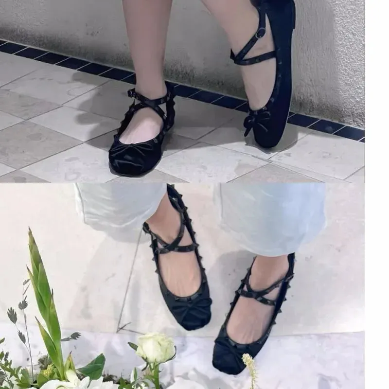 Uniwim Spring 2024 new rivet flats Intersection ballet shoes bow bow low satin Mary Jane women's shoes  loafers women