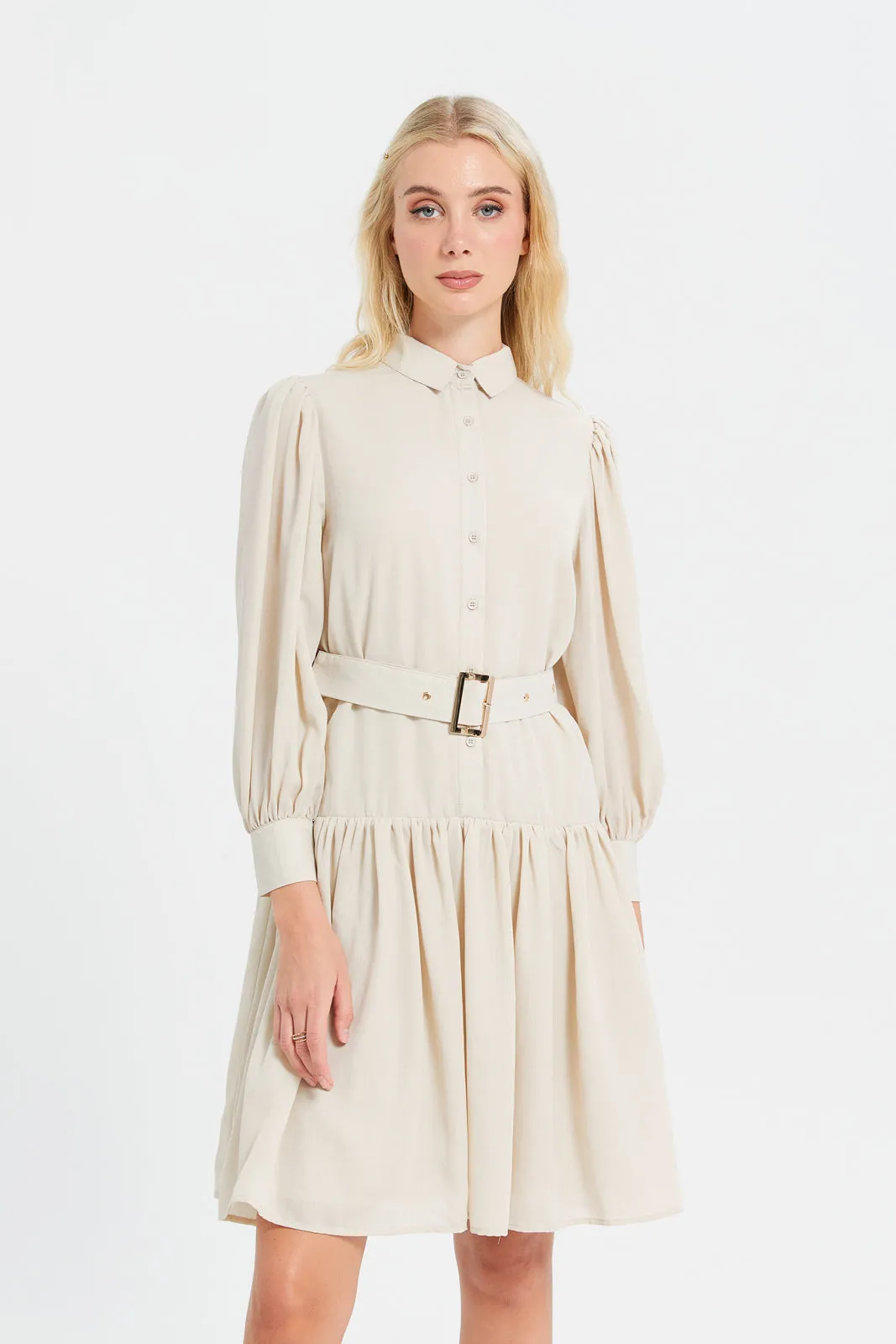 Women Beige Plain Shirt Dress