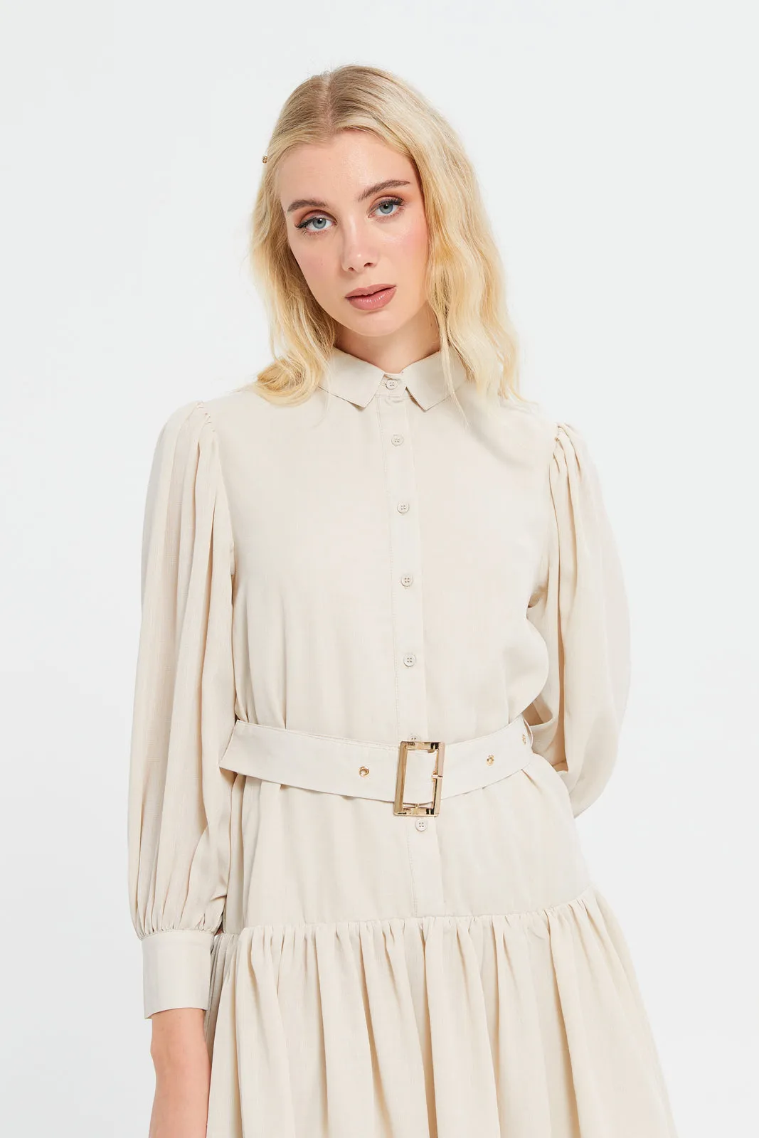 Women Beige Plain Shirt Dress