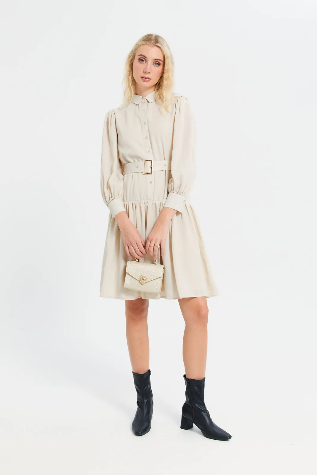 Women Beige Plain Shirt Dress