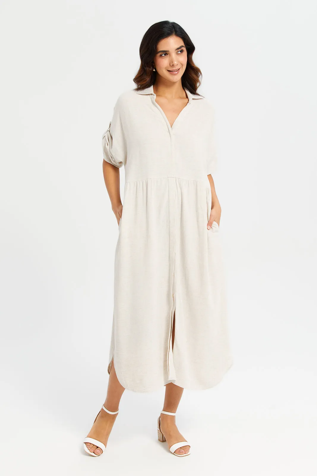 Women Beige Shirt Maxi Dress