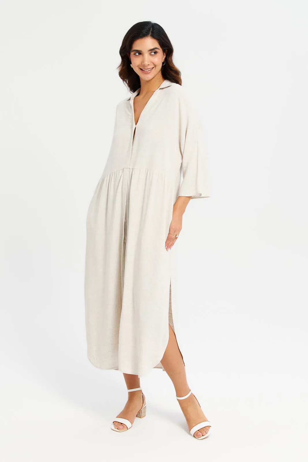 Women Beige Shirt Maxi Dress