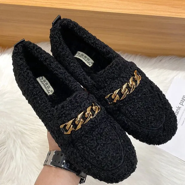 Women Faux-Fur Loafers Metal Chain Winter Warm Lamb Fur Flat Shoes