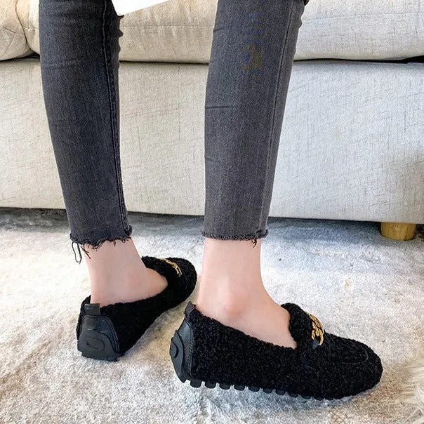 Women Faux-Fur Loafers Metal Chain Winter Warm Lamb Fur Flat Shoes