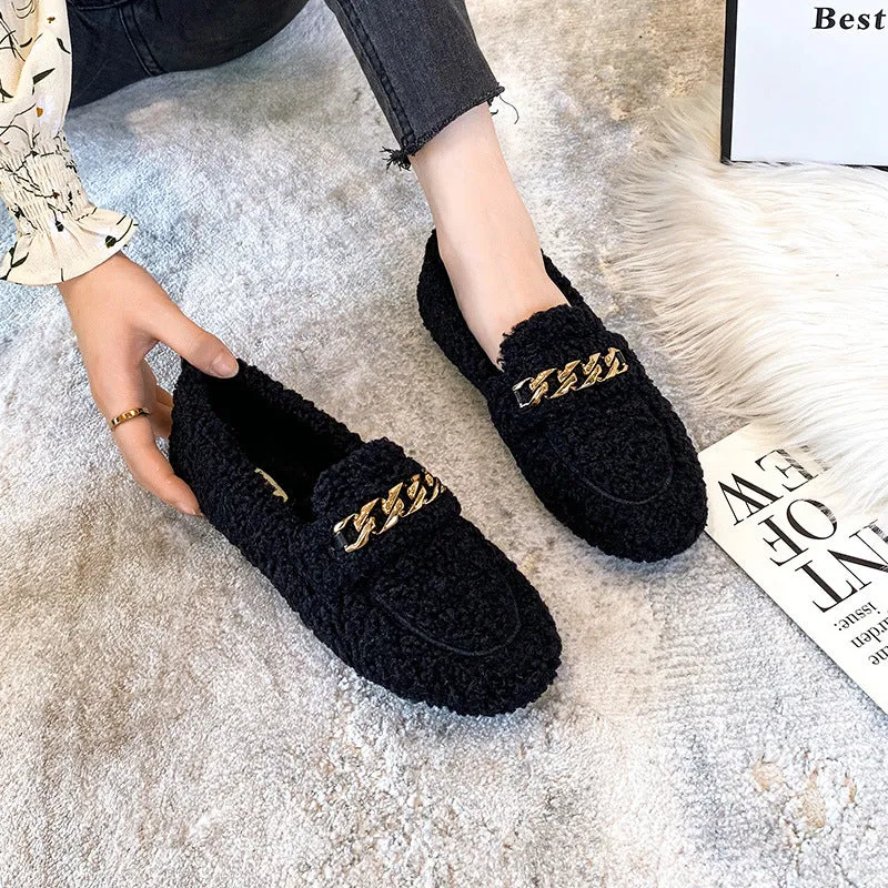 Women Faux-Fur Loafers Metal Chain Winter Warm Lamb Fur Flat Shoes