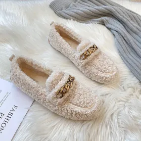 Women Faux-Fur Loafers Metal Chain Winter Warm Lamb Fur Flat Shoes