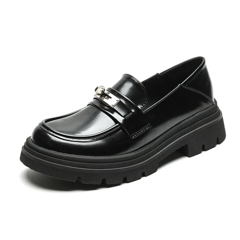 Women Soft Leather Casual Lug Sole Loafers