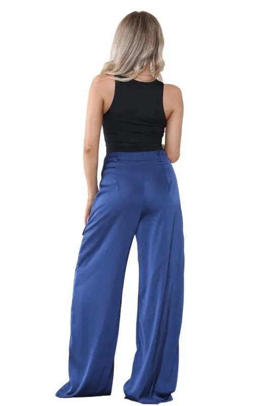 Women's Dark Navy Blue High Waist Casual Wide Flare Leg Loose Fit Palazzo Cargo Side Pockets Pants Work Office Summer Baggy Trousers