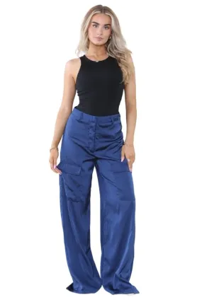 Women's Dark Navy Blue High Waist Casual Wide Flare Leg Loose Fit Palazzo Cargo Side Pockets Pants Work Office Summer Baggy Trousers