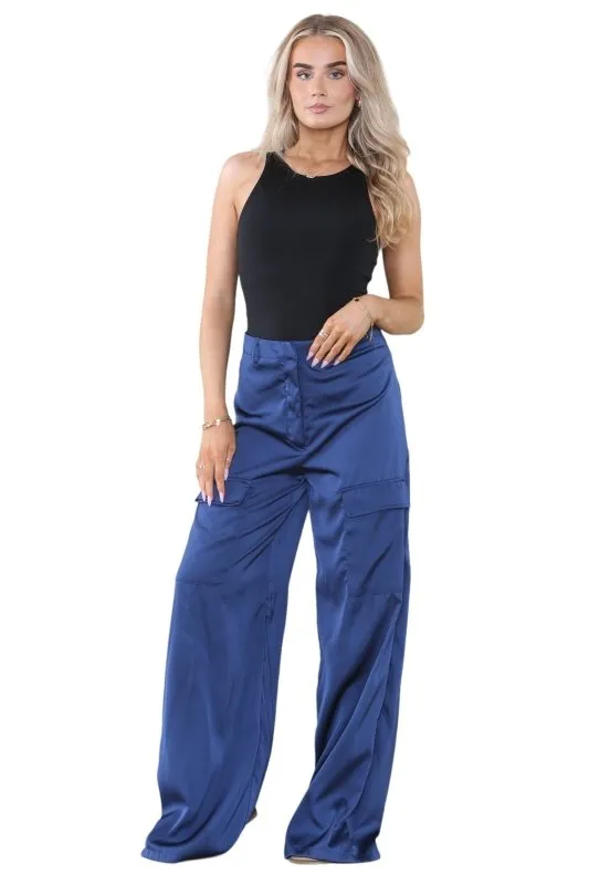 Women's Dark Navy Blue High Waist Casual Wide Flare Leg Loose Fit Palazzo Cargo Side Pockets Pants Work Office Summer Baggy Trousers