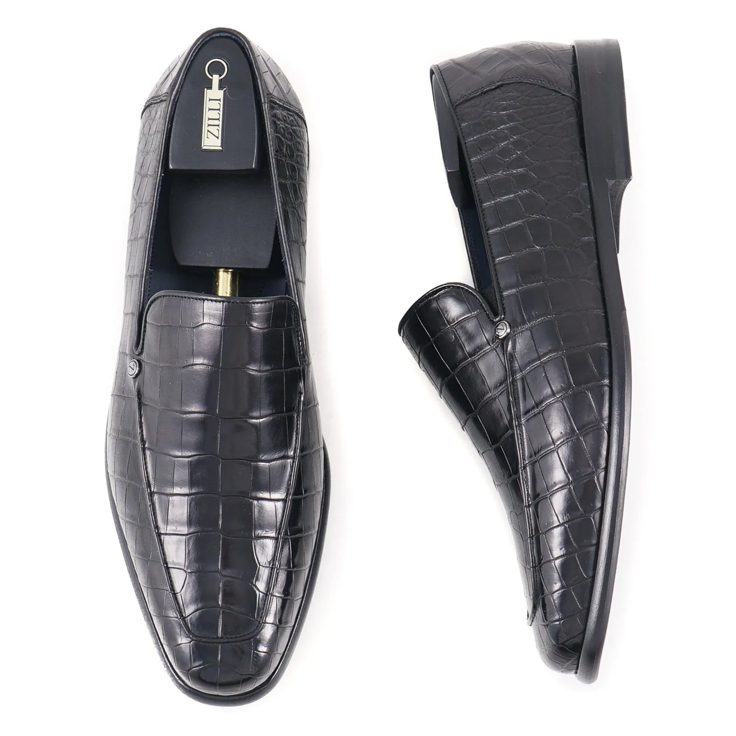 Zilli Satin Black Full Crocodile Loafers